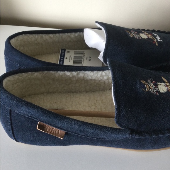 Polo Ralph Lauren Blue Suede Slippers With Polo Skiing Bear - Picture 2 of 7